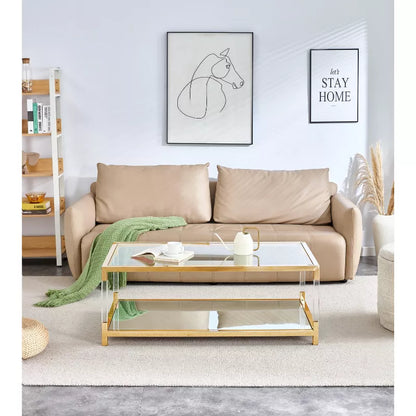 Dolonm Gold Glass Coffee Table - Modern Acrylic Leg, Mirror Bottom, Tempered Glass Top 47.2" for Living Room, Luxury Stainless Steel Frame