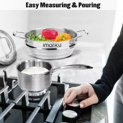 imarku Pots and Pans Set, 14 PCS Cooking Utensils Set，Tri-Ply Clad Stainless Steel with Hangered Handle and Lids, Dishwasher Safe