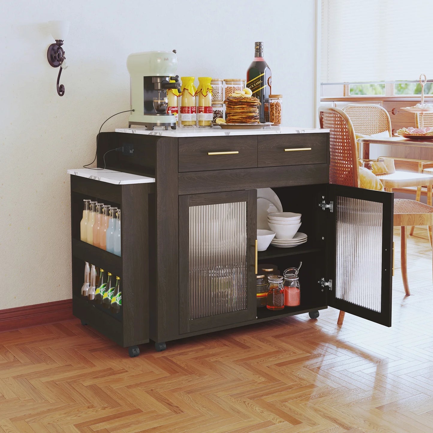 CBJCBJ Kitchen Island with Storage | Expandable Retractable on Wheels 71.65" L| Space-Saving of Island Cart Brown