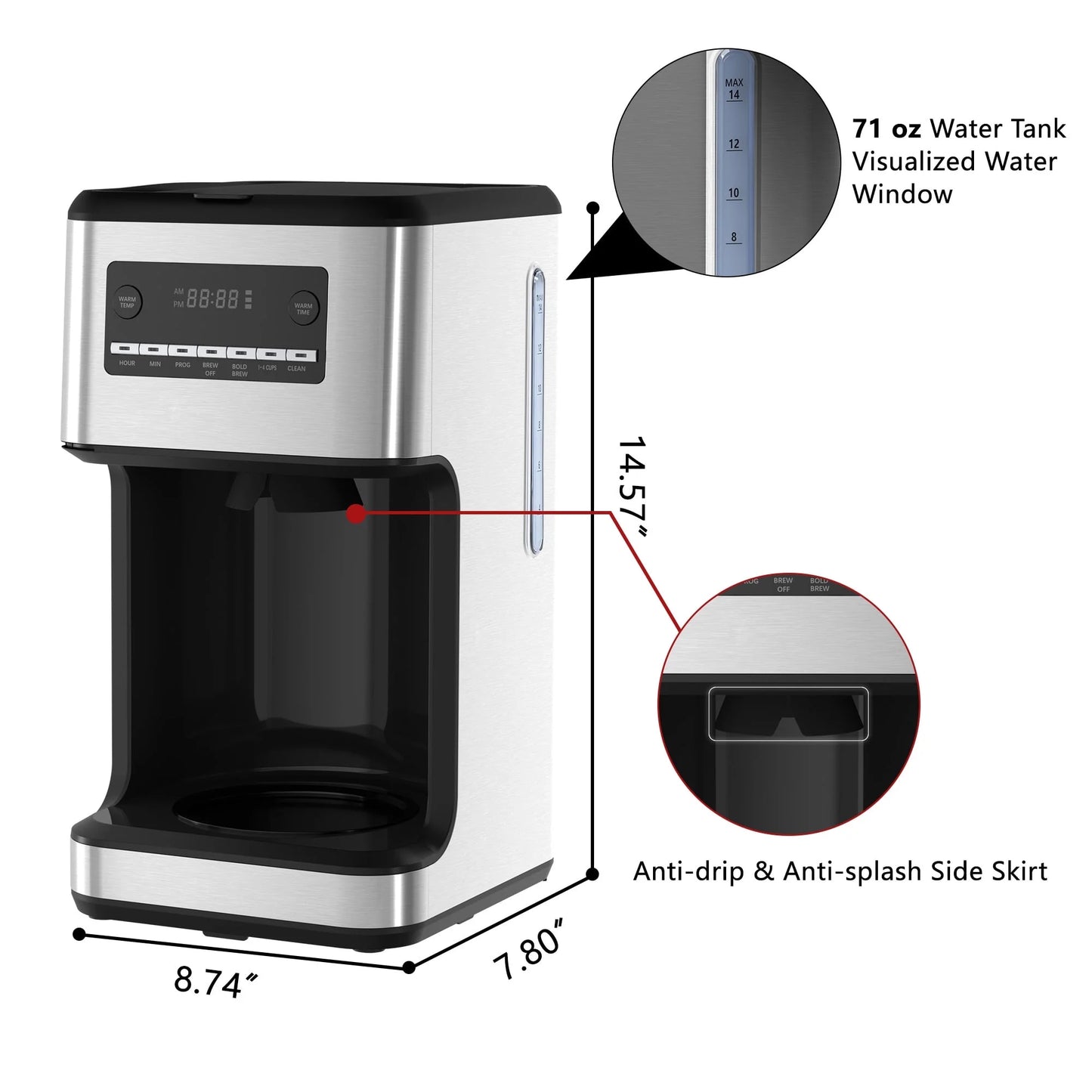 Moifoi 14-Cup Stainless Steel Programmable Coffee Maker: 24H Scheduling, Self-Clean, Large Glass Carafe, Reusable Filter, for Home/Office