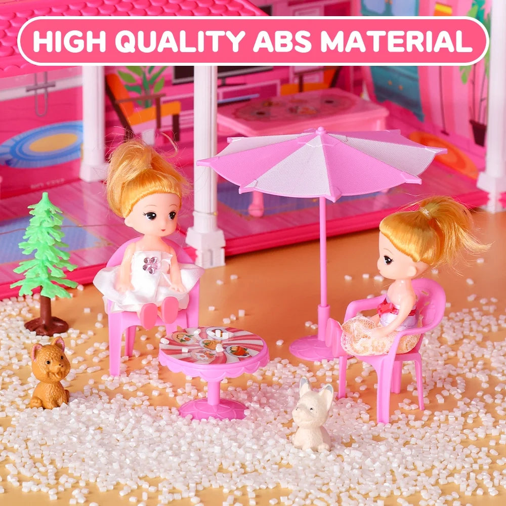 JoyStone Princess Castle House for Girls, Dollhouse Playset, 4-Story 10 Rooms Playhouse with 2 Dolls Toy Figure, Lights and Furniture & Accessories