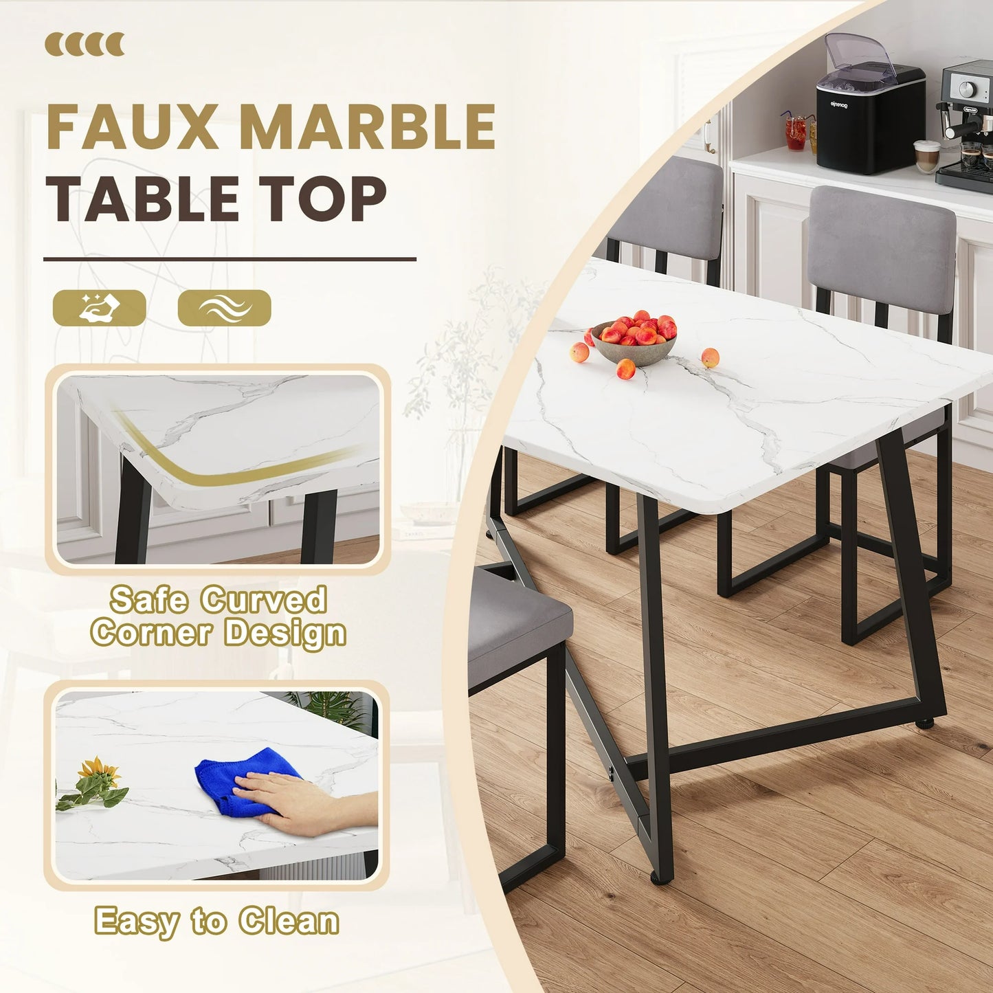 UHOMEPRO 5 Piece Dining Room Set, Modern Dining Table Set with Faux Marble Tabletop and 4 Velvet Upholstered Chairs for 4 Persons, Rectangle Kitchen Table Set Dining Set for Dining Room, White+Gray