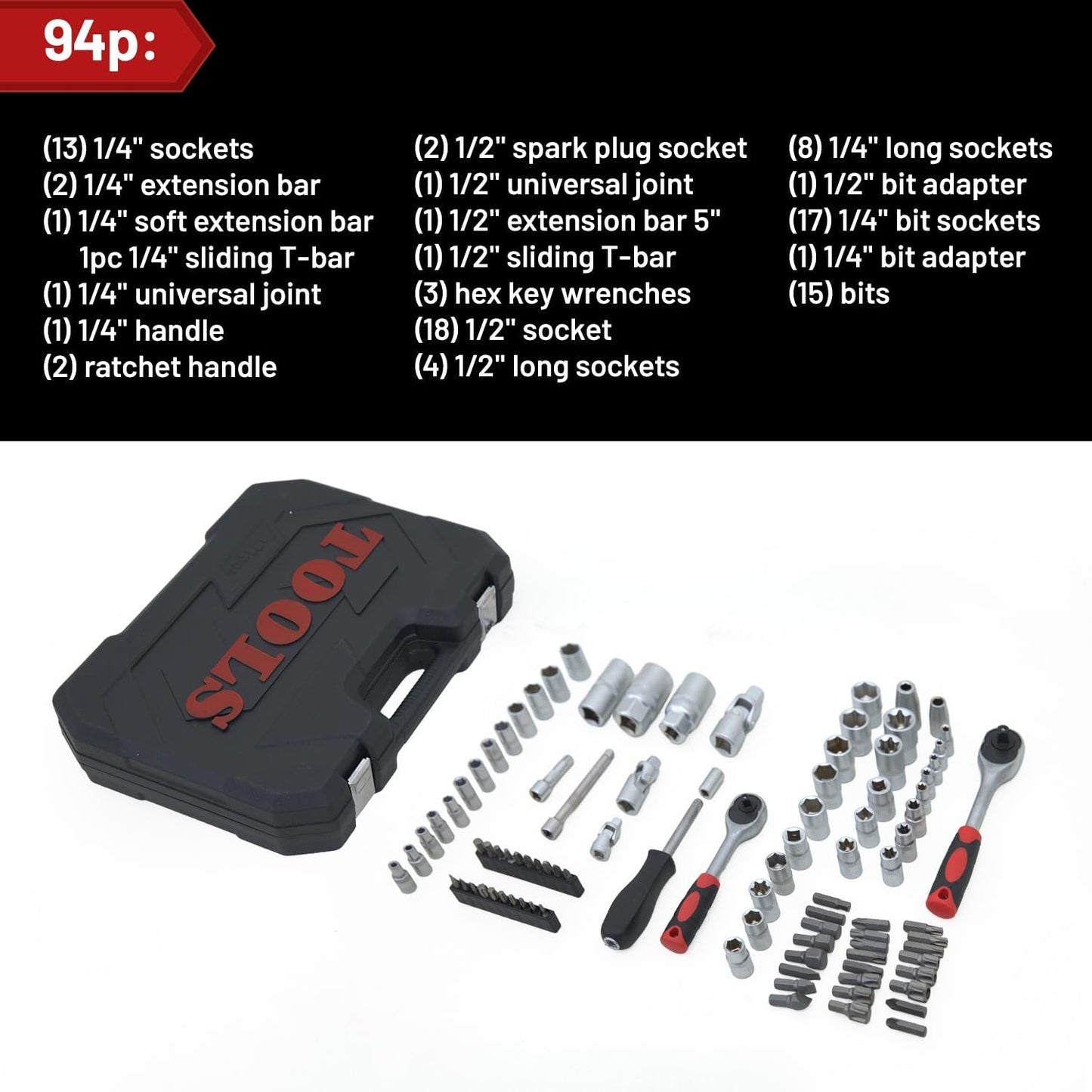 PhiloDeco Ultimate Sockets Set Comprehensive Hand Tool Set Perfect for Home Essentials College Dorm Car Emergency Kit Ideal Apartment Essentials & Men’s Tools Gift (94pcs)