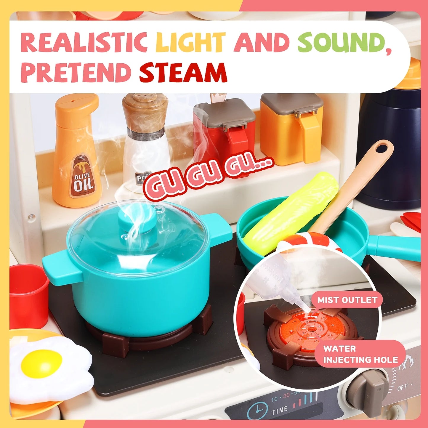 JoyStone 63PCS Kids Kitchen Playset,Play Kitchen Toy with Realistic Lights & Sounds,Pretend Steam, Play Sink & Oven, Menu Board & Other Kitchen Accessories Set for Toddlers