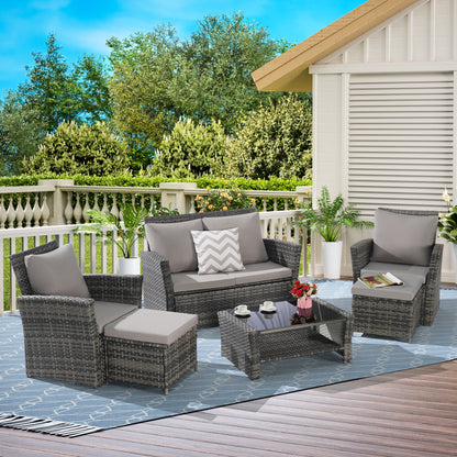 Segmart Outdoor Patio Furniture Sets with Ottoman, 6 Pieces PE Rattan Wicker Patio Conversation Set with Tempered Glass Coffee Table, Perfect for Garden, Poolside, Backyard, Light Gray