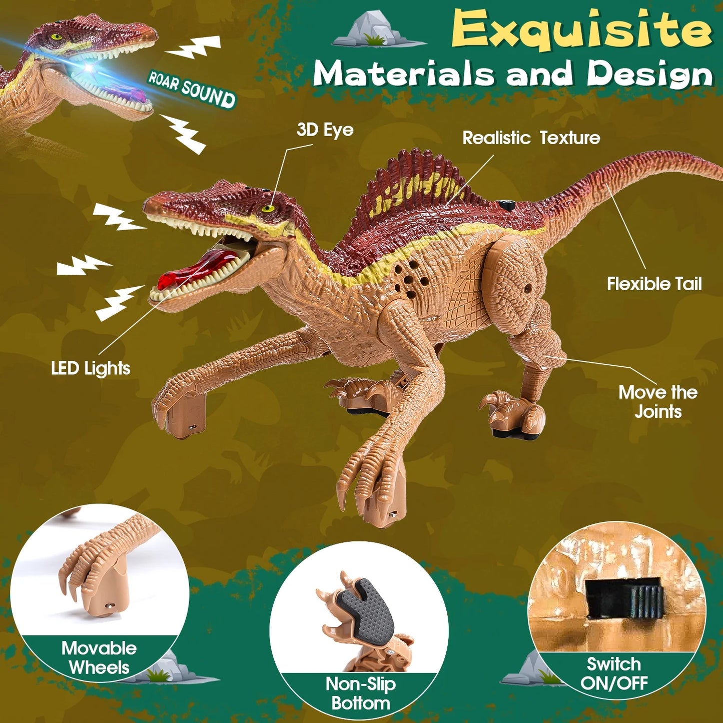 JoyStone Remote Control Dinosaur Toys, Gesture Sensing RC Dinosaurs - Realistic Walking, Roaring, and Spraying Spinosaurus Toys Robot Dinosaur for Kids, Brown