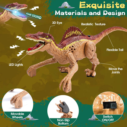 JoyStone Remote Control Dinosaur Toys, Gesture Sensing RC Dinosaurs - Realistic Walking, Roaring, and Spraying Spinosaurus Toys Robot Dinosaur for Kids, Brown