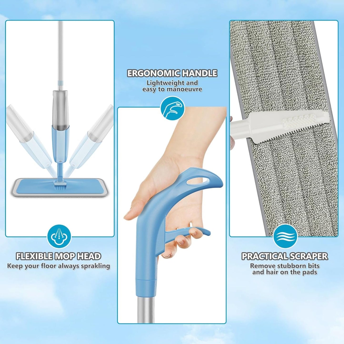 Spray Mops Wet Mops for Floor Cleaning,Microfiber Dust Mop with 3X Washable Pads Floor Mop with Sprayer Wood Floor Mops Commercial Home Use for Wood Floor Hardwood Laminate Ceramic Tiles