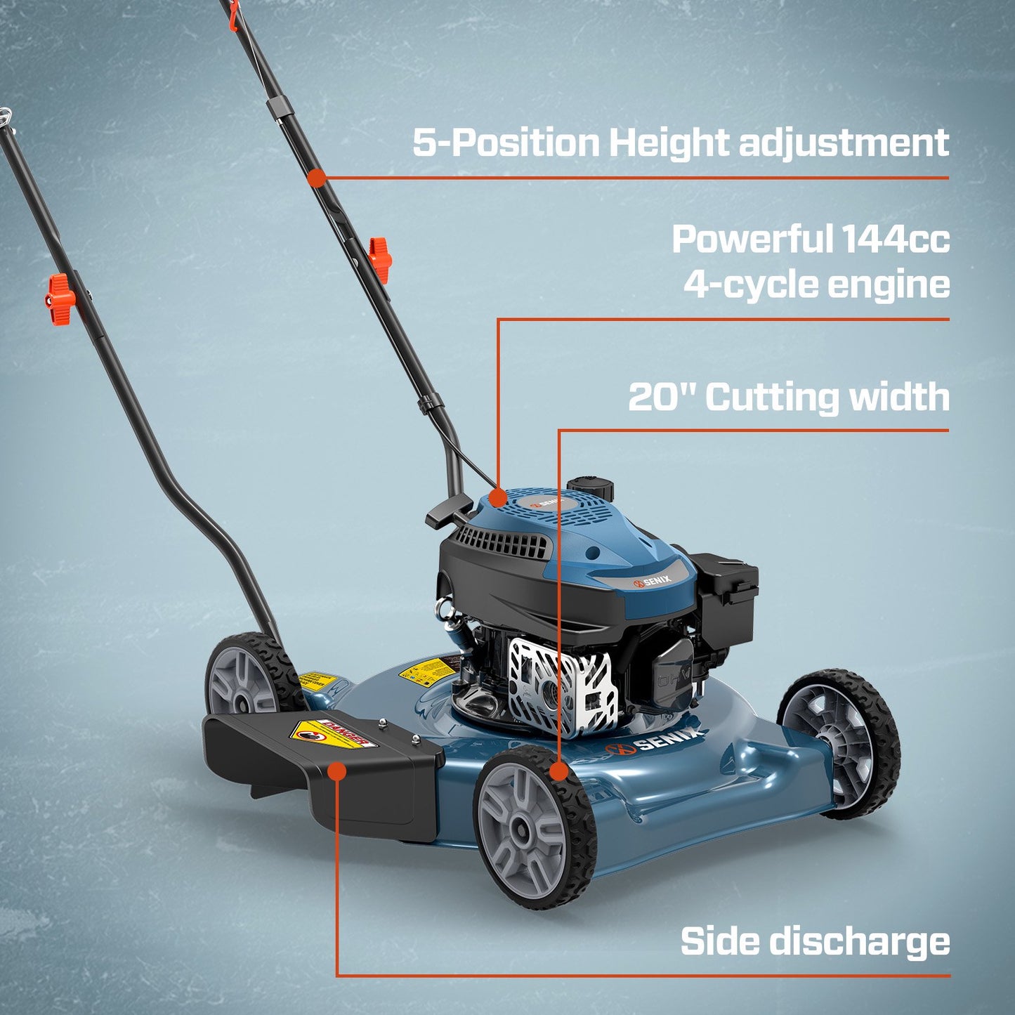 SENIX 20in Gas Push Lawn Mower, 144cc 4-Cycle Engine, 5-Position Height Adjustment with Side Discharge, LSPG-L5