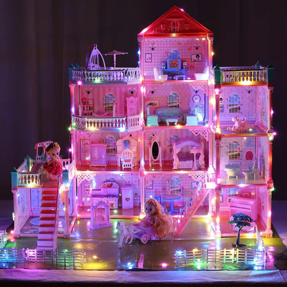JoyStone 11 Rooms Huge Dollhouse with Play Mat, 2 Dolls and Colorful Light, 31" x 28" x 27" w/Furniture Doll House Gift for Girls