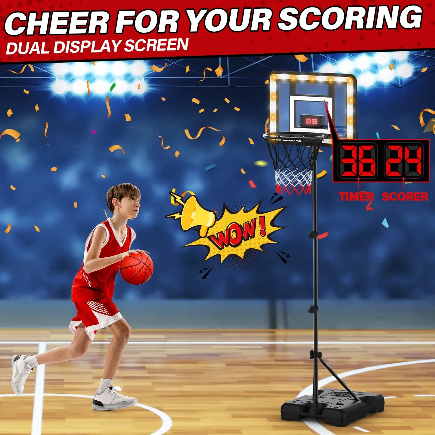 JoyStone Kids Basketball Hoop with Scoreboard & Timer, Adjustable Height 3ft-5.8ft for Young Kids Play Indoor and Outdoor Metal Hoop