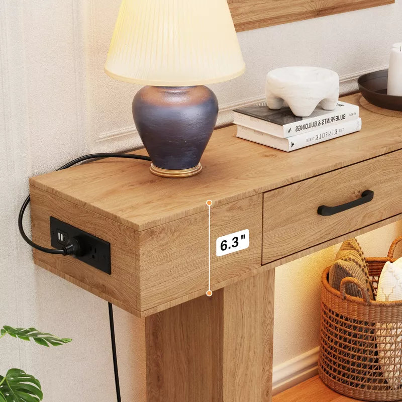 Dolonm 2-Tier 63" Console Desk with 2 Drawers,U-shaped Base with Power Outlet & USB Ports LED Lights,for Entrances,Corridors,Behind Sofas
