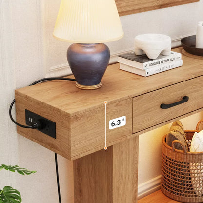Dolonm 2-Tier 63" Console Desk with 2 Drawers,U-shaped Base with Power Outlet & USB Ports LED Lights,for Entrances,Corridors,Behind Sofas