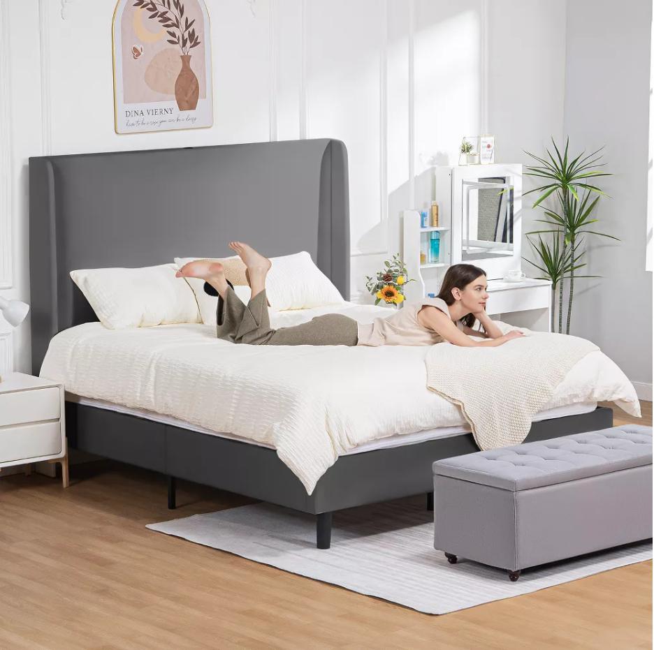 COMHOMA Bed Frame with Type-C  USB, 51 High Headboard Tall, Wood Slat Support