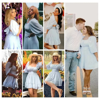EXLURA Women's Lantern Sleeve Tie Back Summer Dress Ruffled Off Shoulder A-Line Vintage Mini Dress
