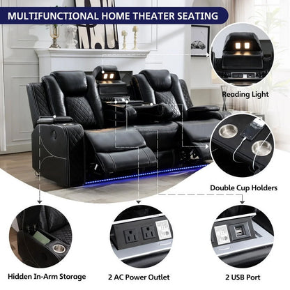 3-Seat Power Recliner Chair Sofa Set for Living Room,Black Faux Leather Electric Home Theater Seating Reclining Sofa Couch with Flipped Middle Backrest,LED Light,USB Port,Cup Holder,Hidden Arm Storage