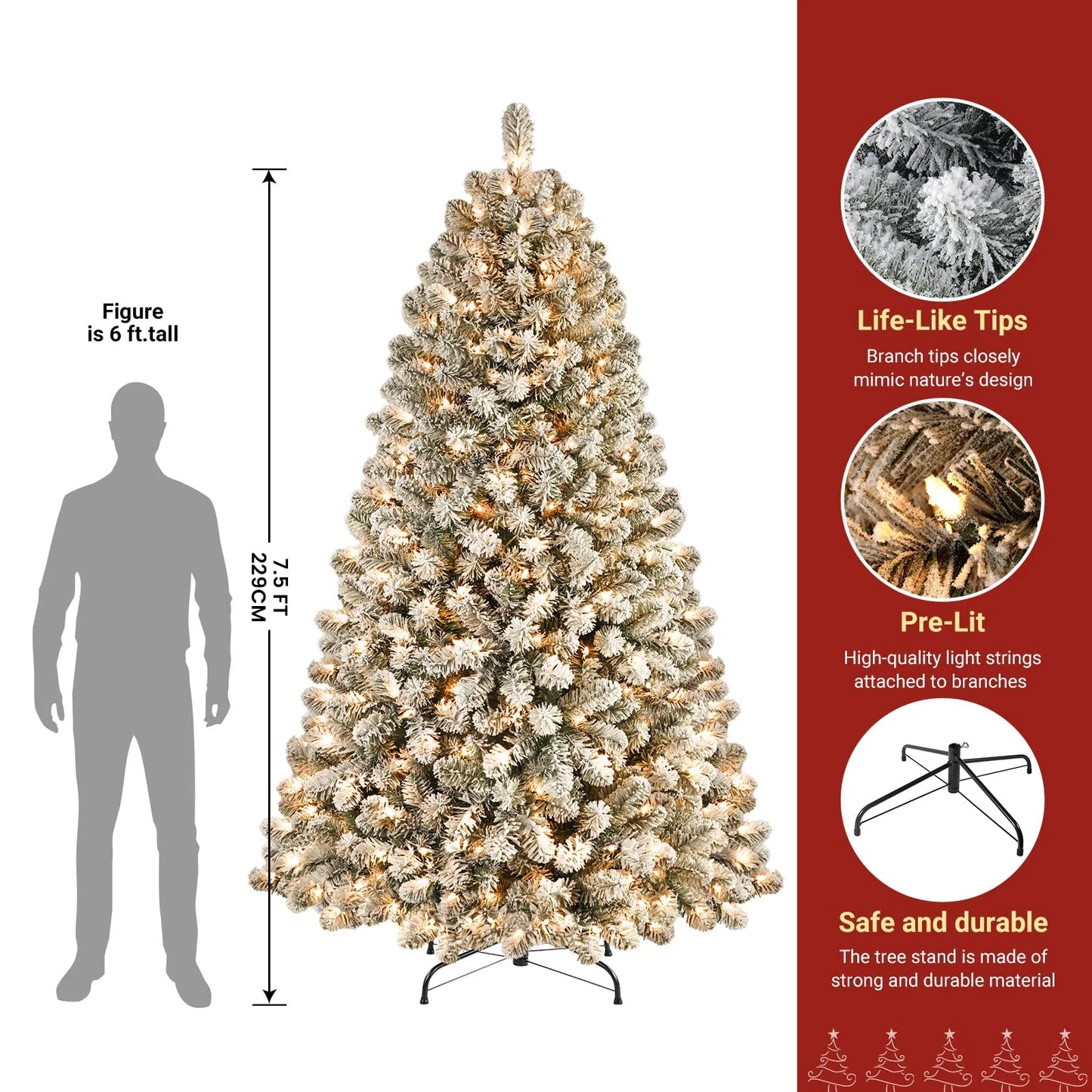 RTB-SHareconn 7.5ft Prelit Snow Flocked Artificial Holiday Christmas Tree w/ 470 Warm White Lights, Foldable Stand, Full Snow Branch Tips for Home, Office, Party Decoration
