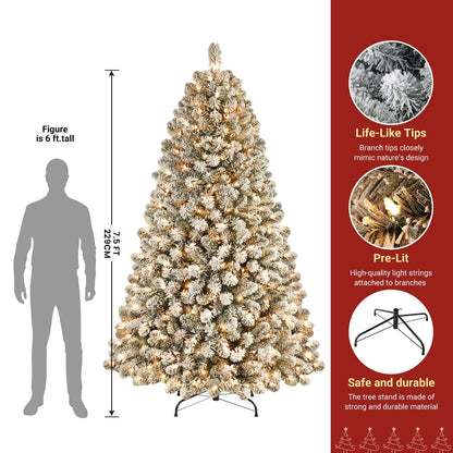 RTB-SHareconn 7.5ft Prelit Snow Flocked Artificial Holiday Christmas Tree w/ 470 Warm White Lights, Foldable Stand, Full Snow Branch Tips for Home, Office, Party Decoration
