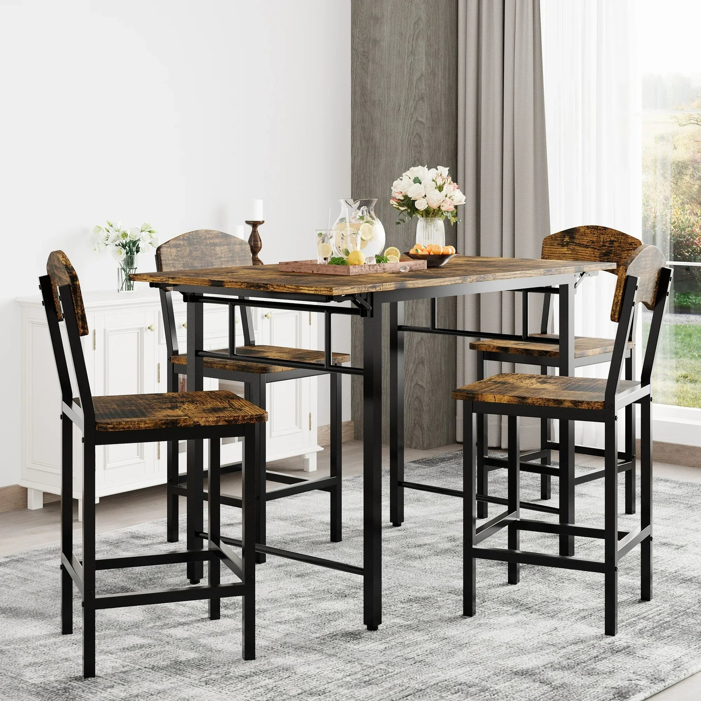 PAPROOS 5-Piece Counter Height Dining Table and Chairs Set, Brown Finish Drop Leaf Dinner Table and 4 Chairs Set for Kitchen Dining Room Breakfast Nook, Farmhouse Dining Table Set with Black Frame