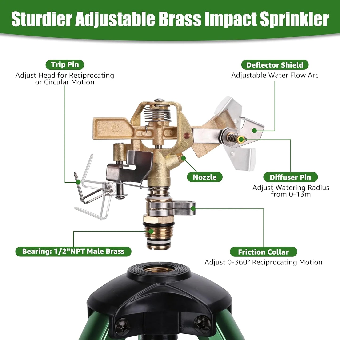 TOPHDY Heavy Duty Brass In-Ground Impact Sprinkler, PlugTripod Base, 360 Degree, 0-43 Feet Large Area Coverage, Adjustable Height 16-37 Inches, Suitable For Lawns, Patios