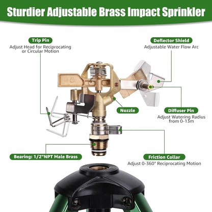 TOPHDY Heavy Duty Brass In-Ground Impact Sprinkler, PlugTripod Base, 360 Degree, 0-43 Feet Large Area Coverage, Adjustable Height 16-37 Inches, Suitable For Lawns, Patios