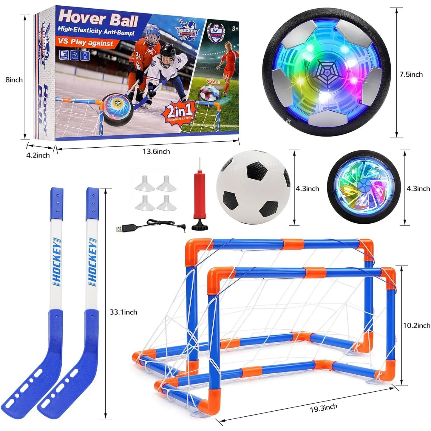 BEEPRINCESS Hover Soccer Ball, 3-in-1 Hover Hockey Ball Kids Toys Set, Indoor and Outdoor Sports Games Toys for Kids Ages 3 4 5 6 7 8-12 - Rechargeable LED Soccer Games Toys for 3-12 Year Old Boys