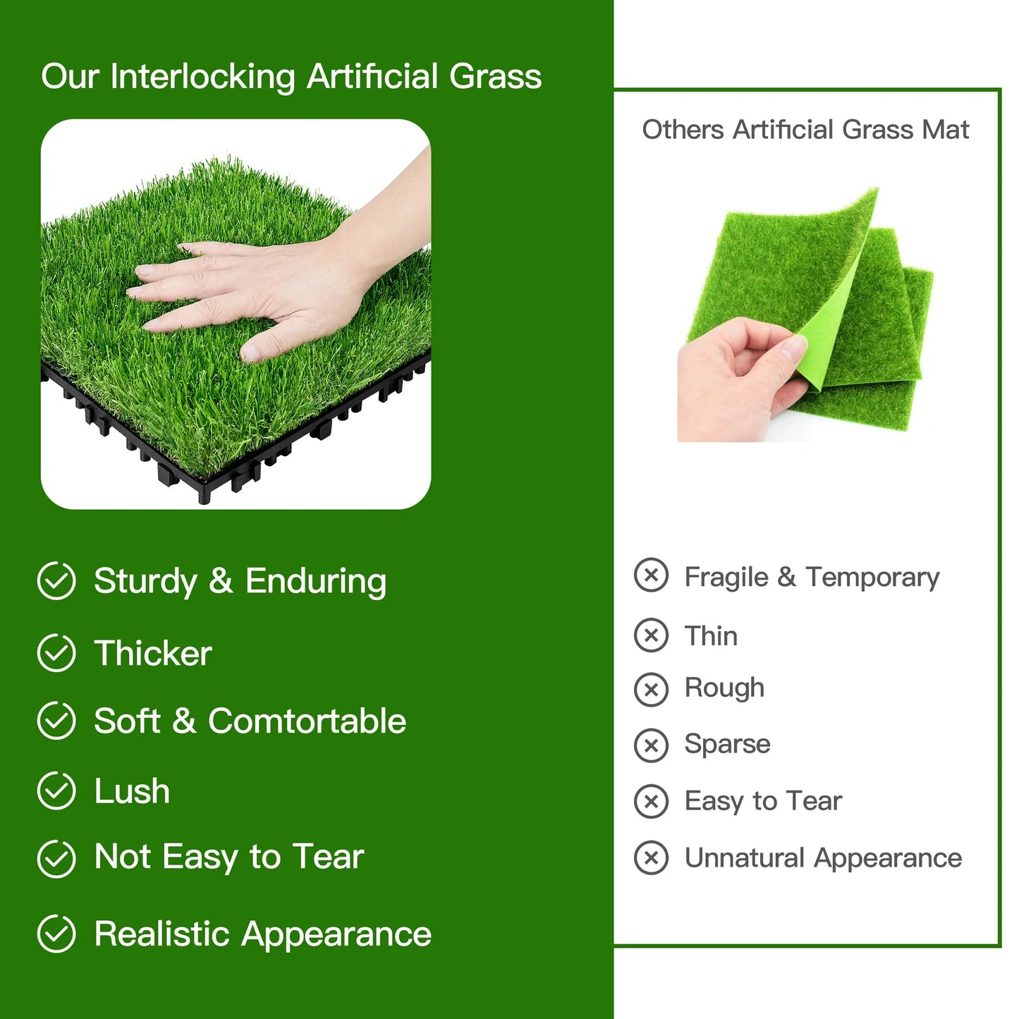TrumanPick Artificial Grass Interlocking Fake Grass Indoor Outdoor Turf Grass for Patio Backyard Balcony, 12" x 12"