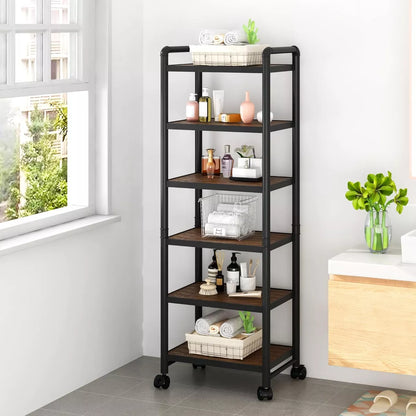 Hooseng 6-Tier Wood Rolling Storage Shelves, Adjustable Tall Bathroom & Kitchen Organizer with Wheels for Office, Laundry Room