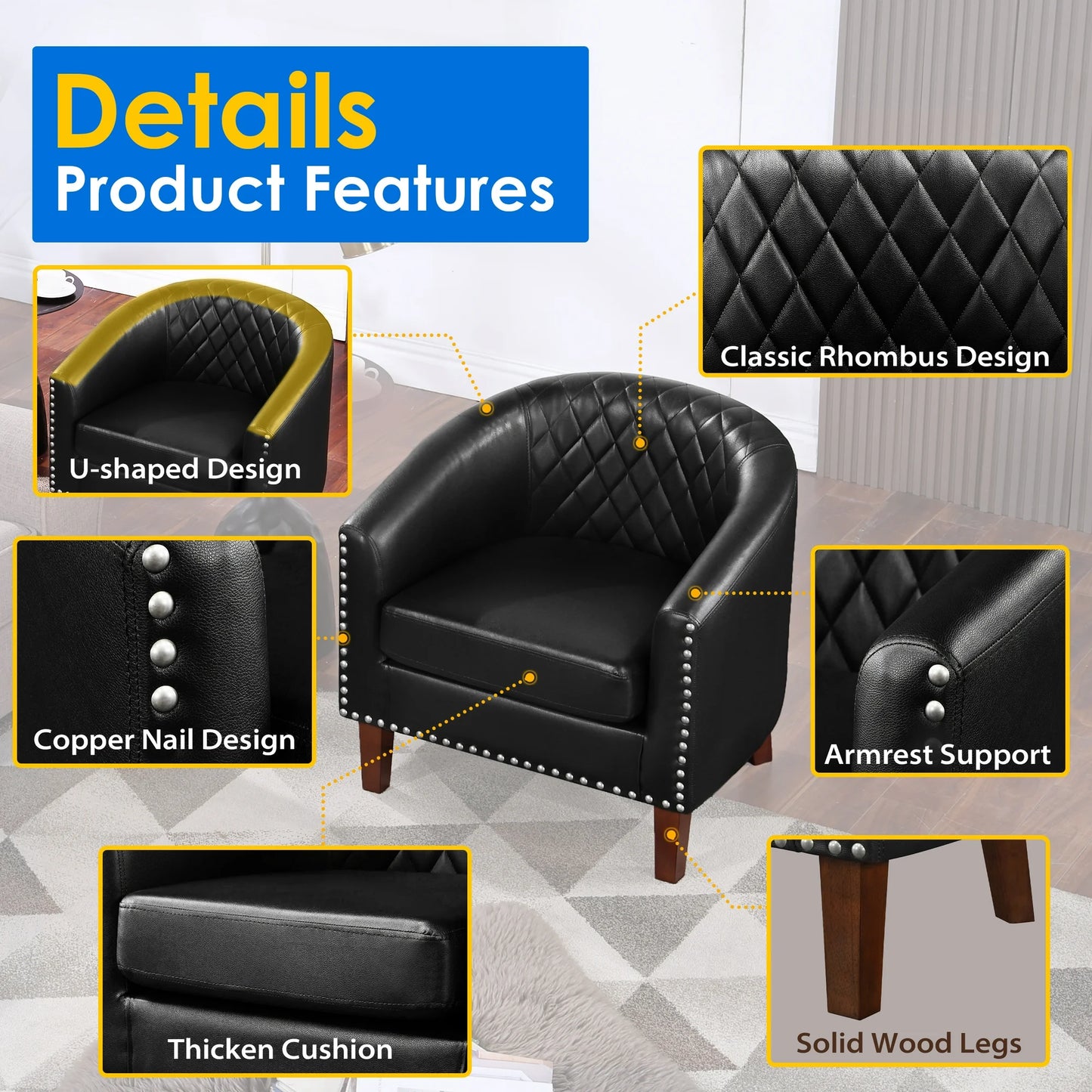 TrumanPick Accent Chair, Faux Leather Barrel Chair Modern Tub Club Chair for Bedroom Living Room armchair, Black