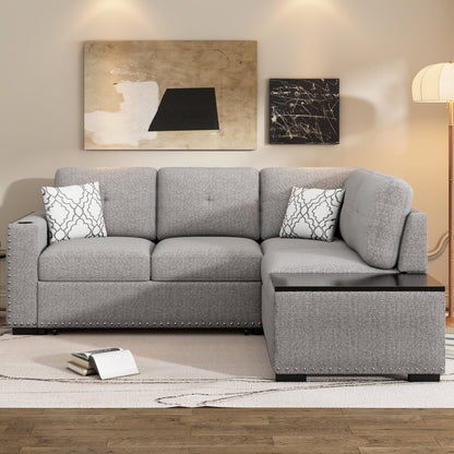 Churanty Pull Out Sofa Bed with Storage Chaise,Reversible Sectional Sofa,L-Shaped Corner Sofa with USB Ports,Power Sockets and Cup Holder,Light Gray