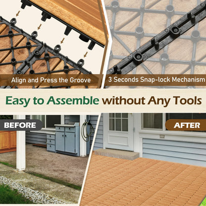 TrumanPick 12 PCS Deck Tiles Outdoor Waterproof Flooring Tiles for Backyard Garden Poolside, All Weather Use, Natural Wood- 24"L x 12"W