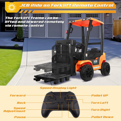 12V Powered Ride on Car Toy for Kids, JCB kids Ride on Forklift Toy with Lifting Pallet, Remote Control, Removable Car Roof, Joystick, 4 Wheels Electric Construction Car for Boy Girl 3-6 Years Old