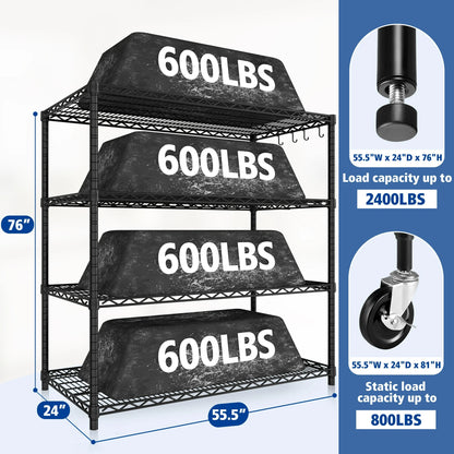 TrumanPick 4-Tier Movable Storage Rack, 55.5''W x 24''D x 76''H Heavy Duty Adjustable Wire Shelving Rack for Garage 2400 lbs Capacity, Black