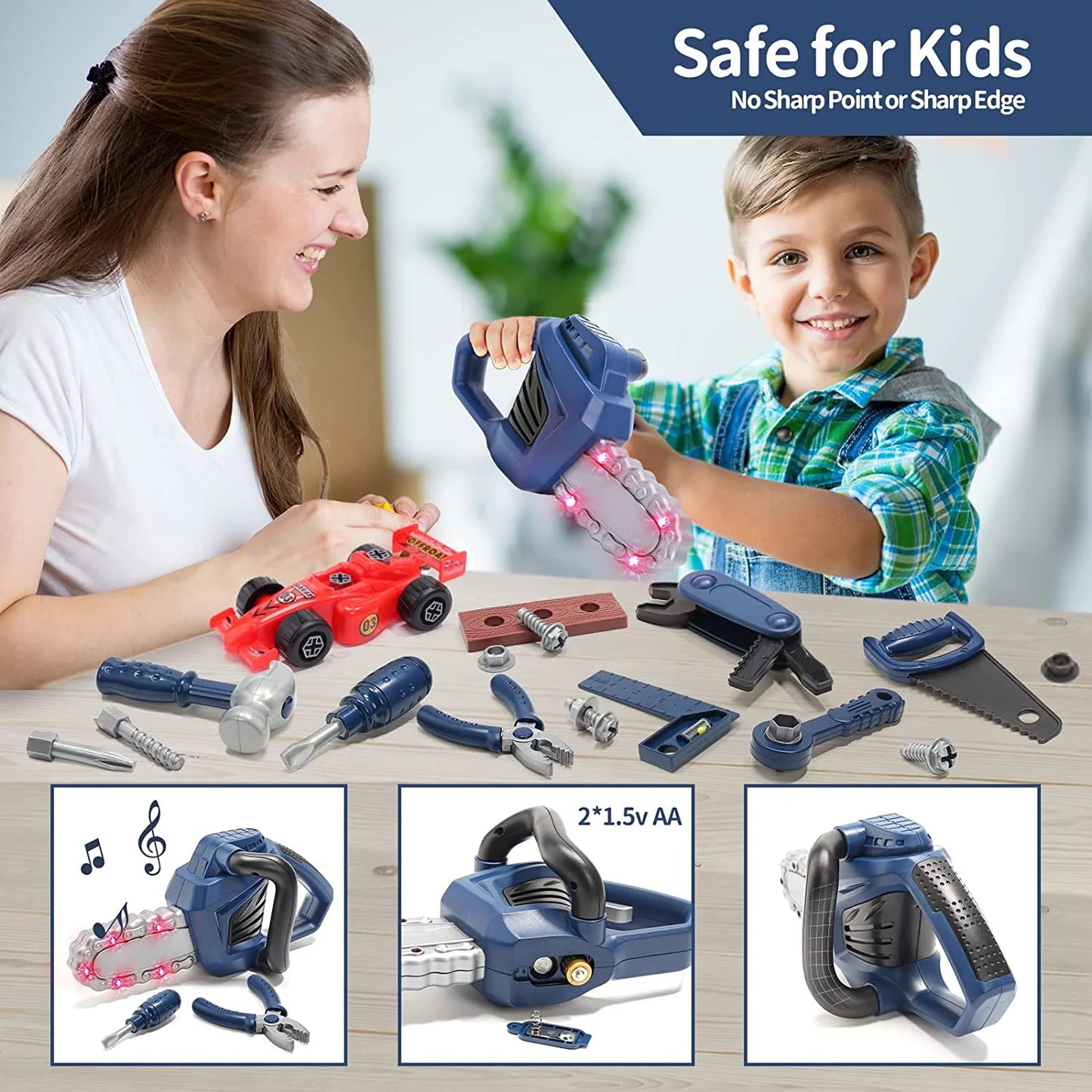 JoyStone 47 PCS Kids Pretend Play Tool Sets, ABS Play Tools Box with Electric Power Toy Drill & Chainsaw for Toddles Boys