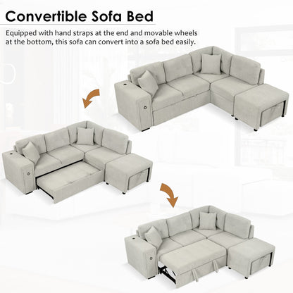 Churanty Sectional Sleeper Sofa with Pull Out Bed, L-Shape Sectional Corner Couch with Movable Ottoman, Chenille Sectional Sofa with USB Ports and Cup Holders for Living Room, Grey