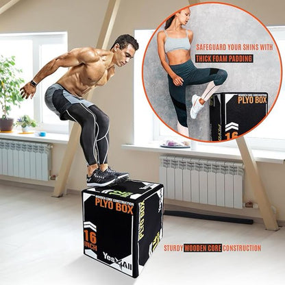 3-in-1 Soft-Padded Plyo Box With Wooden Core, Non-Slip Multi-Use Cushioned Plyometric Jump Box for Jumping, Conditioning, Strength Training