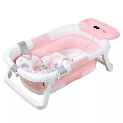 BabyBond Collapsible Baby Bathtub for Infant to Toddler, Portable Baby Bath Tub with Soft Cushion & Thermometer, Pink