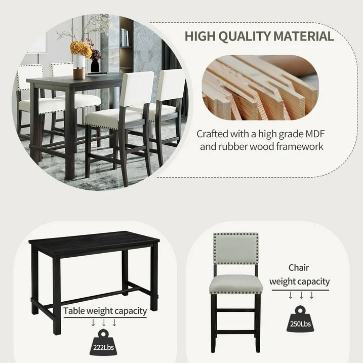 EUROCO 52" 5 Piece Longer Dining Set Kitchen Table Set Counter Height Table Set with One Rectangle Table and 4 Cushioned Chairs for 4 Persons Dining Room Table Set for Small Place