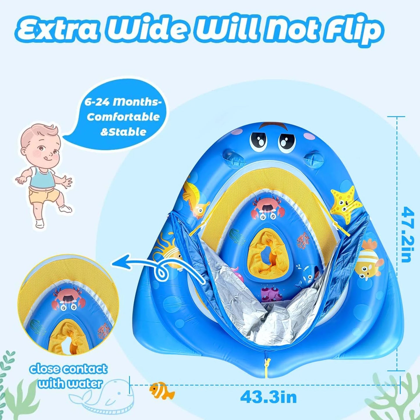 Ucradle Baby Pool Float with Canopy UPF50+ Sun Protection, 6-24 Months Inflatable Infant Swimming Ring with Adjustable Safety Seat