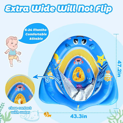 Ucradle Baby Pool Float with Canopy UPF50+ Sun Protection, 6-24 Months Inflatable Infant Swimming Ring with Adjustable Safety Seat