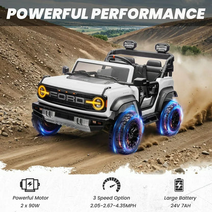 Licensed Ford Bronco Raptor 24V Kids Electric Car, 2-Seater Ride On Car for Ages 3-10 with Parent Remote Control, 4.4MPH Max Speed, 130lb Max Weight, Bluetooth Music, ASTM F963 Certified (White)