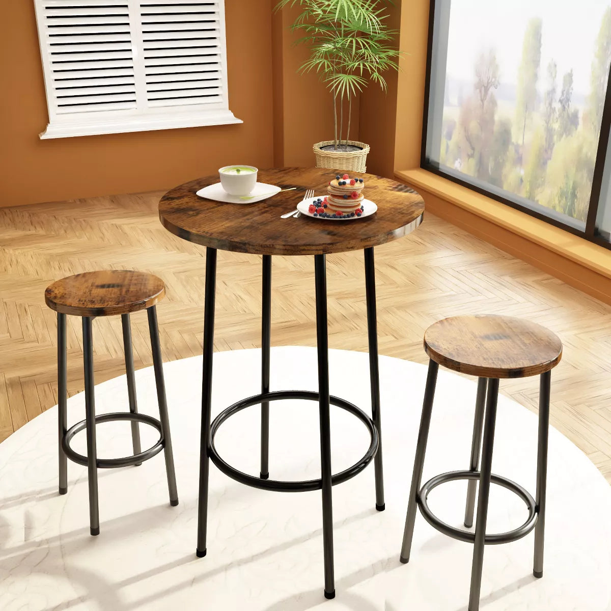 Hooseng Bar Table with Stools for 2, Round Bar Table and Chairs Set with MDF Broad for Breakfast,Restaurant, Small Space