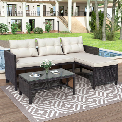 3 Pieces Patio Furniture Sectional Set, Outdoor Furniture Set with Two-Seater Sofa, Lounge Sofa, Table & Cushion, PE Rattan Wicker Bistro Set, Conversation Set for Garden, Backyard