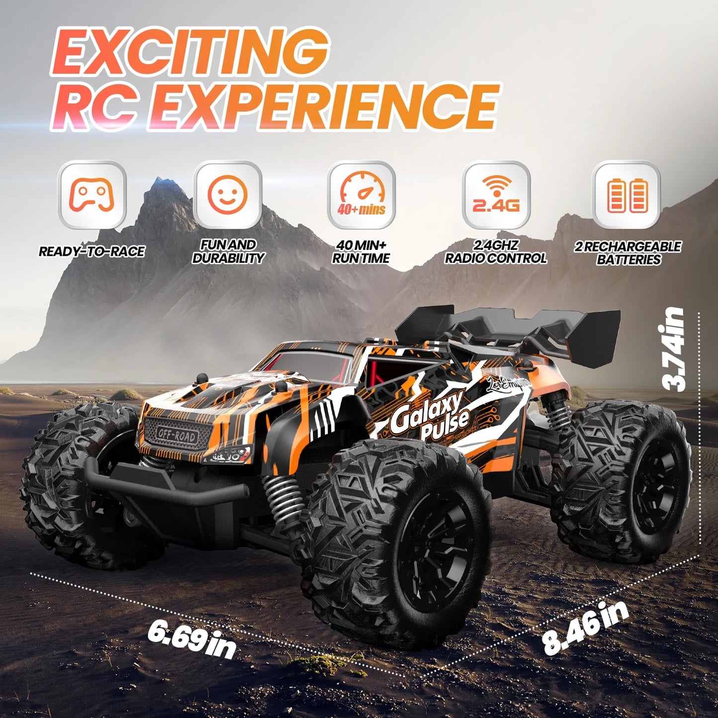 JoyStone Remote Control Car, 1:18 Remote Control Monster Truck All-Terrain 2.4GHz RC Cars W/ 2 Batteries for Kids Toys Gift, Black & Orange