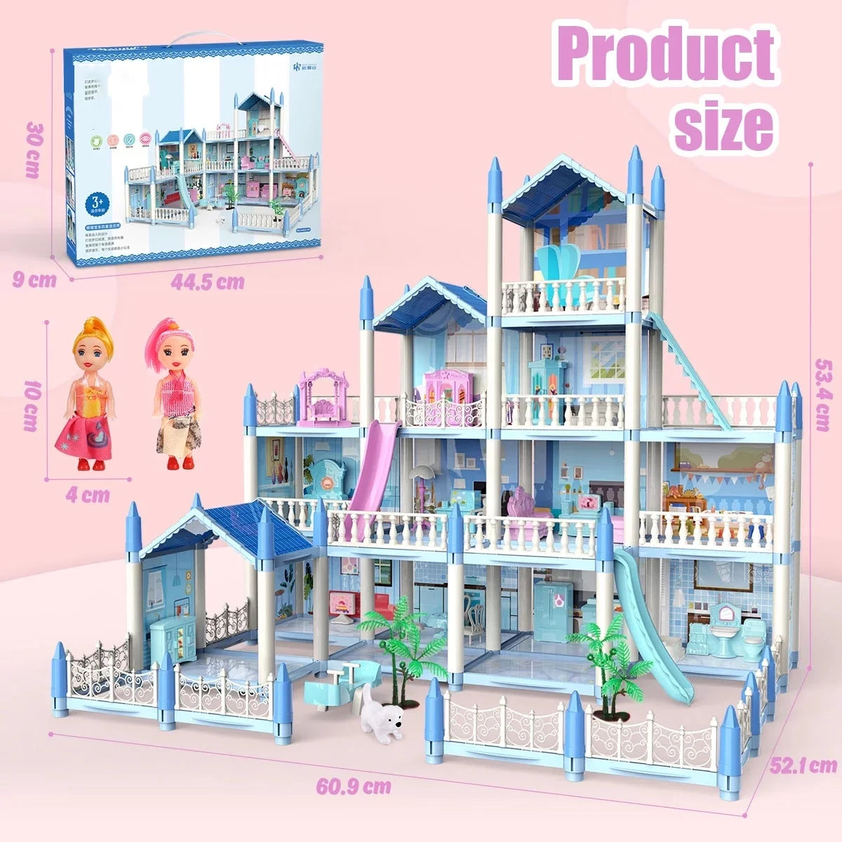JoyStone Dollhouse with Colorful Light, Pretend Play 14 Rooms DIY Playhouse, Kids Doll House with 2 Dolls, Creative Gift for Girls, Blue