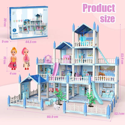 JoyStone Dollhouse with Colorful Light, Pretend Play 14 Rooms DIY Playhouse, Kids Doll House with 2 Dolls, Creative Gift for Girls, Blue