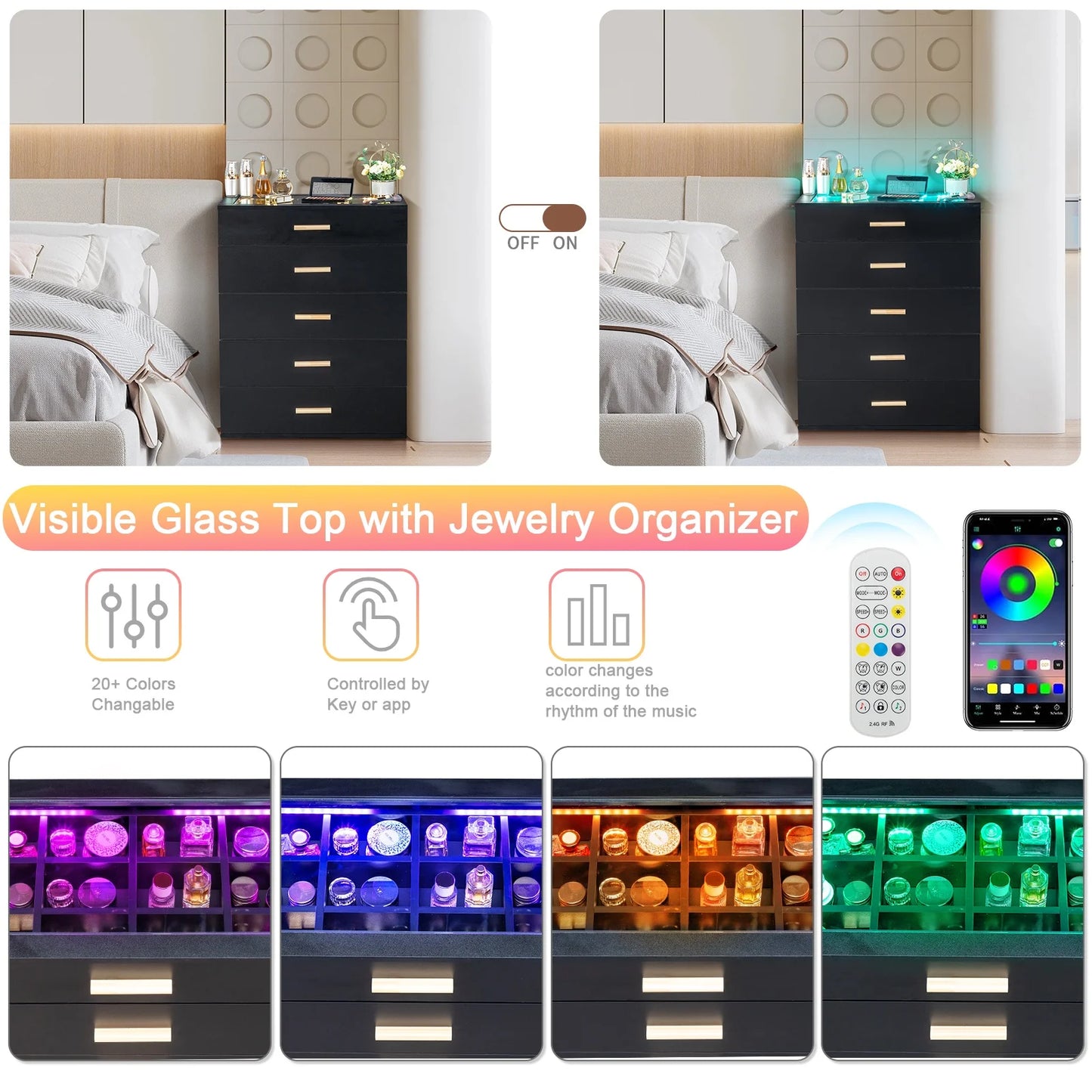 UHOMEPRO Black 5 Drawer Dresser, Chest of Drawers for Bedroom, Modern Storage Cabinet Dresser with Jewelry Organizer Unit and LED Lights for Living Room, Closet, Hallway, Nursery