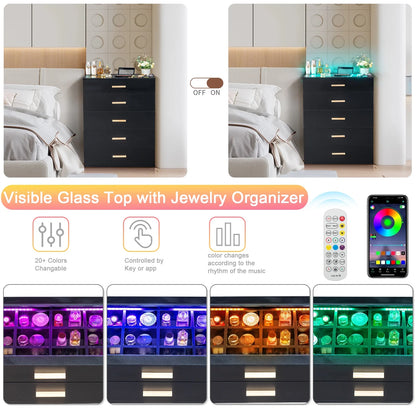 UHOMEPRO Black 5 Drawer Dresser, Chest of Drawers for Bedroom, Modern Storage Cabinet Dresser with Jewelry Organizer Unit and LED Lights for Living Room, Closet, Hallway, Nursery