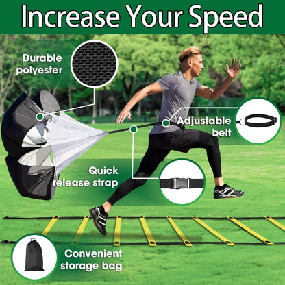 Speed Agility Training Kit-Includes 12 Rung 20ft Adjustable Agility Ladder with Carrying Bag, 12 Disc Cones, 4 Steel Stakes, 1 Resistance Parachute,Footwork Skills Drill Gear for Football and Soccer