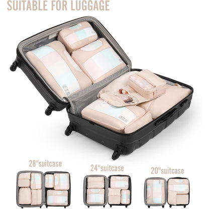 OKAKA 7 Set Packing Cubes Luggage Organizer Bags Lightweight Breathable for Travel Accessories,Beige